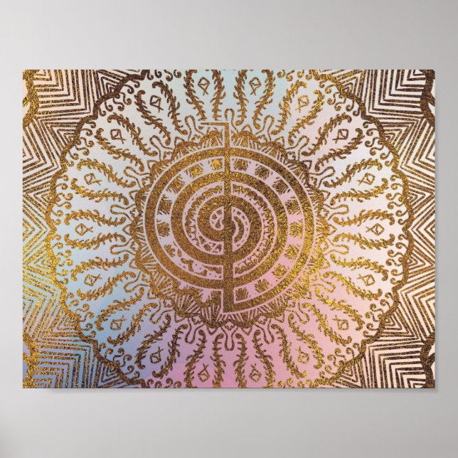 Gentle Pastel and Gold Choku Rei Symbol in Mandala Poster (Front)