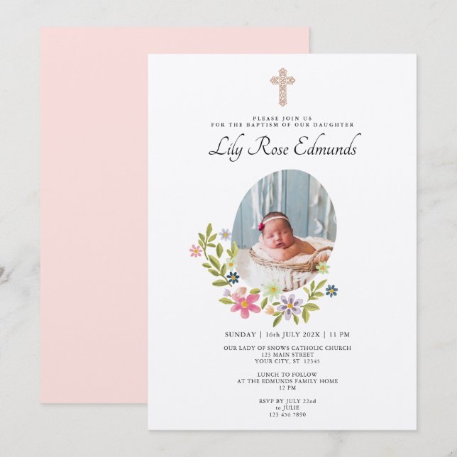 Gentle Pink Floral Baptism Invitation (Front/Back)