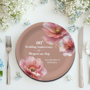 Gentle Pink Gold Floral 60th Wedding Anniversary Paper Plates