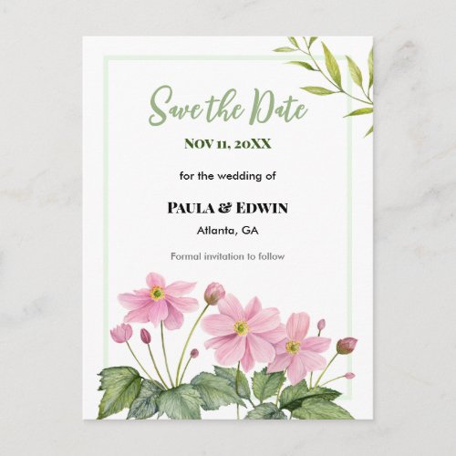 Gentle Pink Japanese Anemone Wedding Save The Date Announcement Postcard