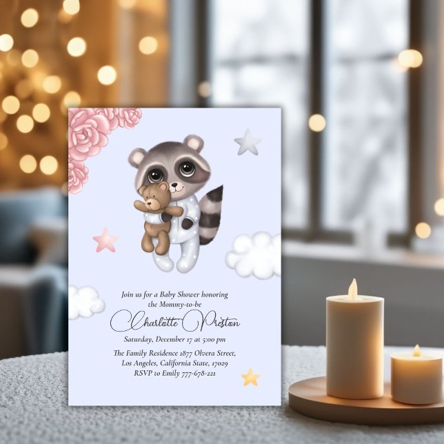 Gentle Raccoon Animal Blue Baby Shower Invitation (Gentle Raccoon Animal Blue Baby Shower Invitation)