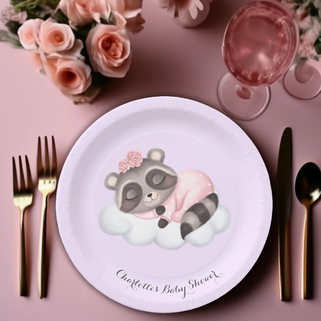 Gentle Raccoon Animal Girl Baby Shower Paper Plates (Girl Baby Shower Paper Plates!)