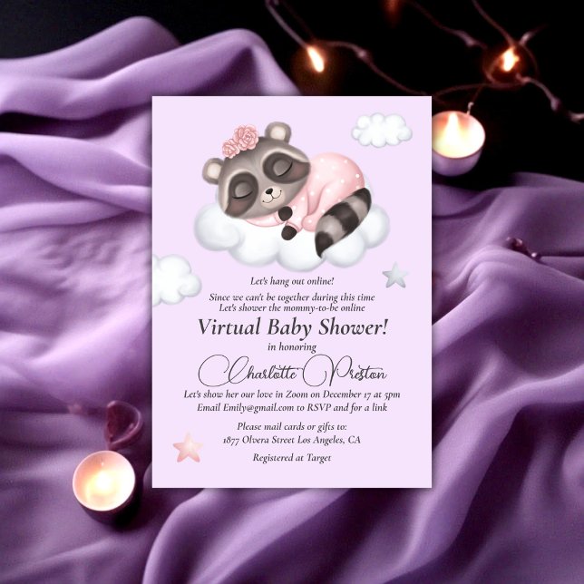 Gentle Raccoon Animal Girl Baby Shower Virtual Invitation (Gentle Raccoon Animal Girl Baby Shower Virtual Invitation)