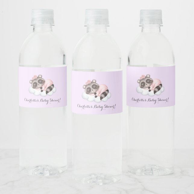 Gentle Raccoon Animal Girl Baby Shower Water Bottle Label (Bottles)