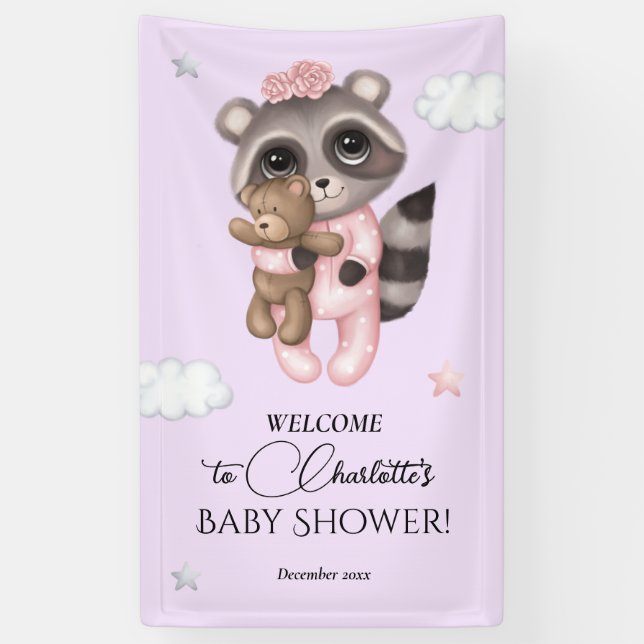 Gentle Raccoon Animal Girl Baby Shower Welcome Banner (Vertical)