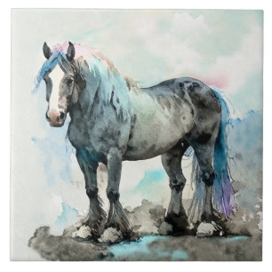 Gentle Shire Horse Watercolour Blue Ceramic Tile