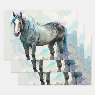 Gentle Shire Horse Watercolour Blue Wrapping Paper Sheets