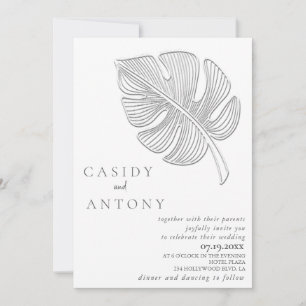 Gentle simple embossed tropical leaf all in one   invitation