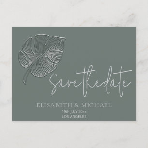 Gentle simple embossed tropical leaf announcement postcard