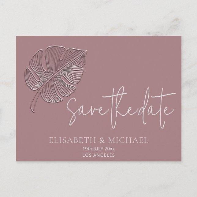 Gentle simple embossed tropical leaf  announcement postcard (Front)