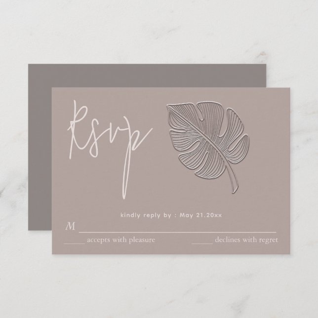 Gentle simple embossed tropical leaf RSVP (Front/Back)