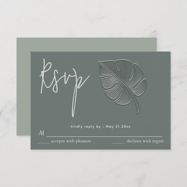Gentle simple embossed tropical leaf RSVP (Front/Back)