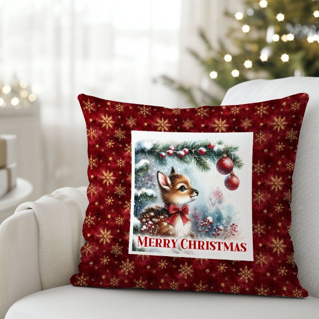 Gentle Snowy Fawn Watercolor Scene Gift Christmas  Throw Pillow (Gentle Snowy Fawn Watercolor Scene Gift Christmas pillow)