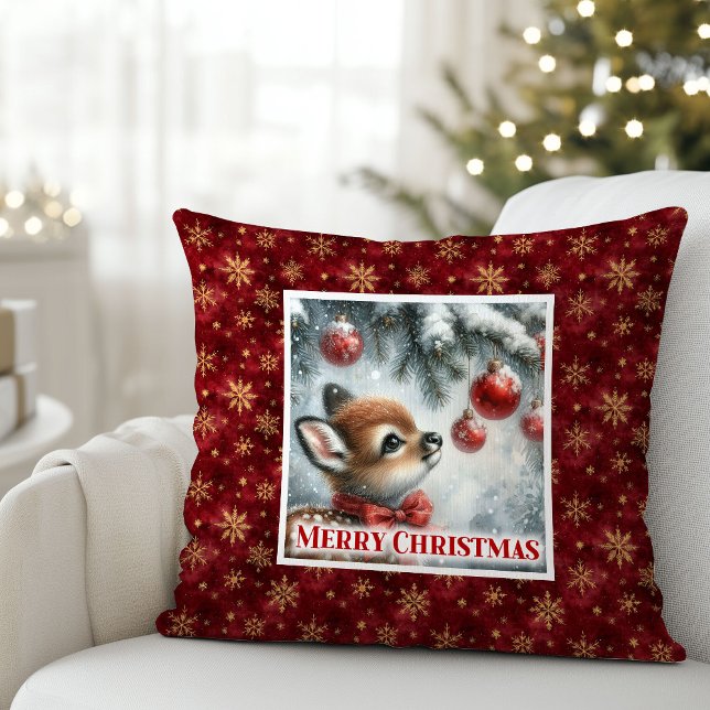 Gentle snowy forest baby deer festive scene Xmas Throw Pillow (Gentle snowy forest baby deer festive scene Christmas pillow)