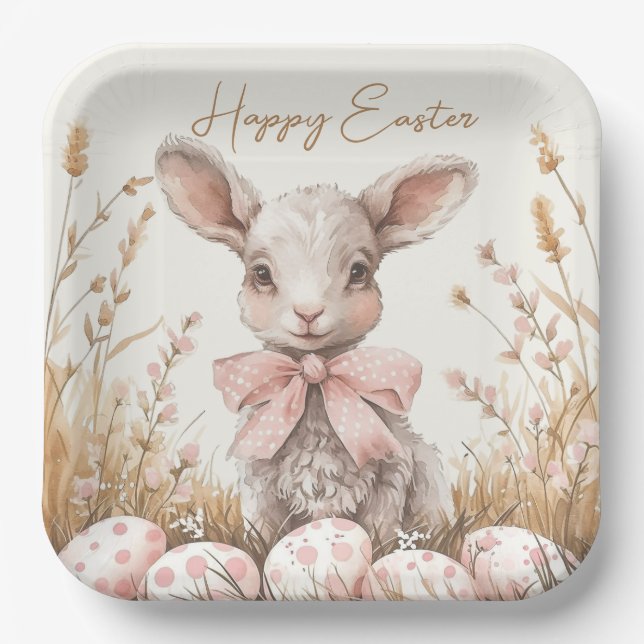 Gentle Spring Lamb & Pastel Easter Egg Hunt Paper Plates (Front)