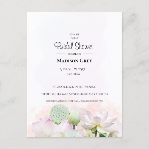 Gentle Water Lilies and Lotuses Bridal Shower Invitation Postcard