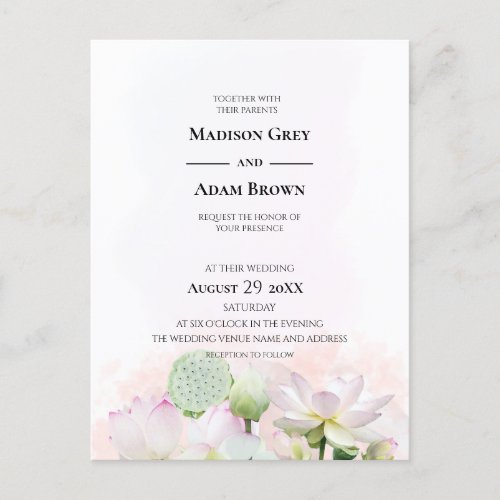 Gentle Water Lilies and Lotuses Watercolor Wedding Invitation Postcard