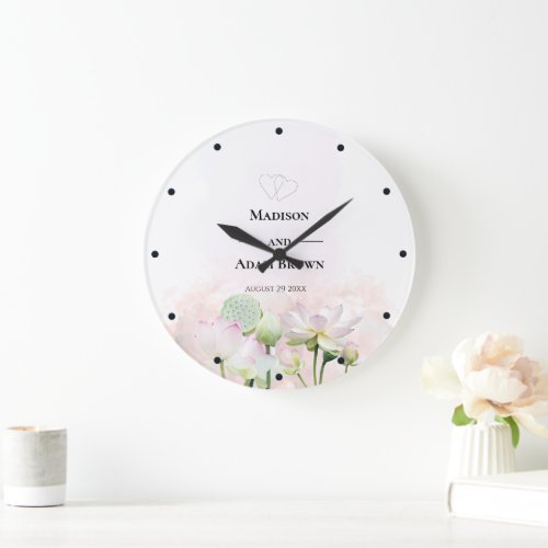 Gentle Water Lilies and Lotuses Watercolor Wedding Large Clock