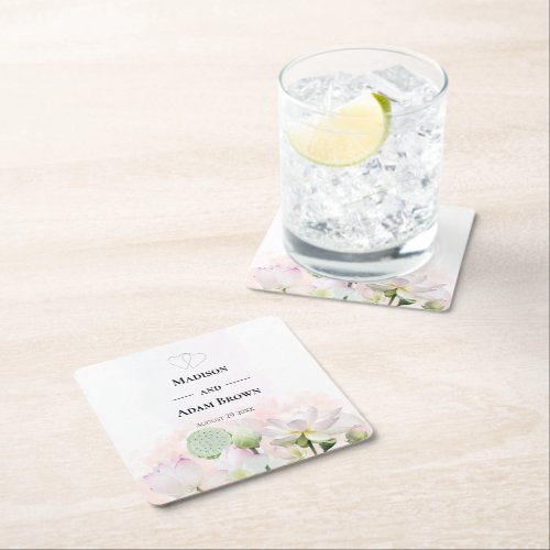 Gentle Water Lilies and Lotuses Watercolor Wedding Square Paper Coaster