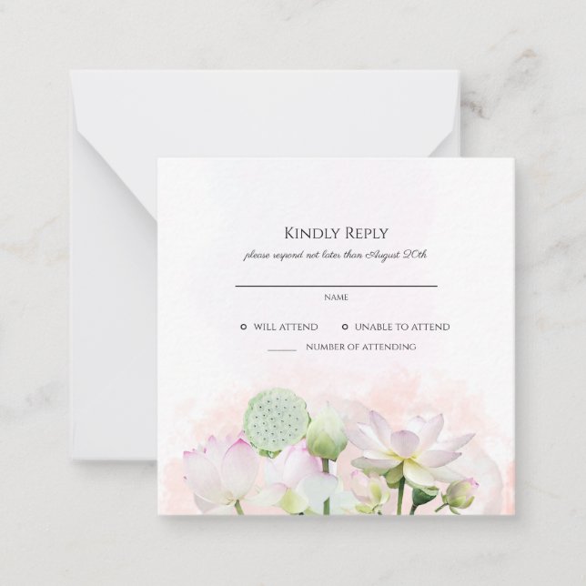 Gentle Water Lilies and Lotuses Wedding RSVP Note Card (Front)