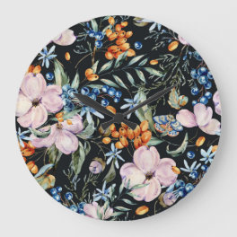 Gentle Watercolor: Pink Floral Berries Large Clock