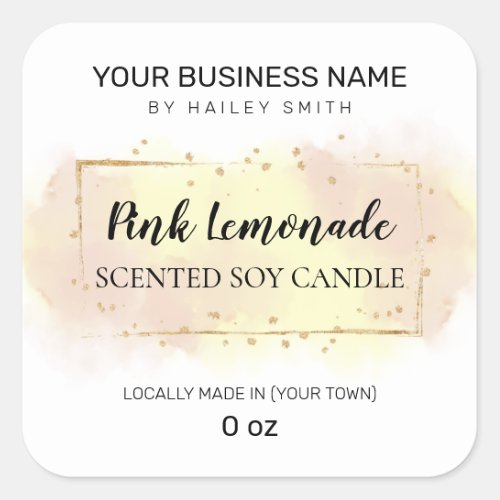 Gentle Watercolor Pink Yellow Scented Soy Candle Square Sticker