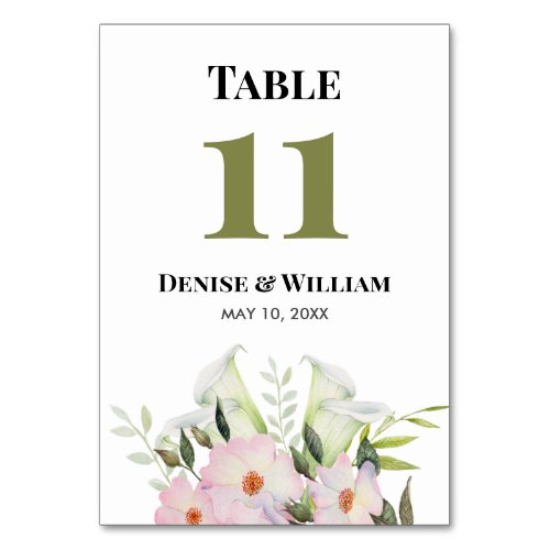 Gentle White Calla Lily Rose Wedding Table Number