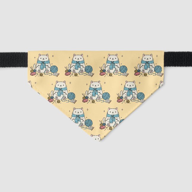 Gentle White Cat Knitting Sweet Vibes Yellow Pet Bandana Collar (Front)