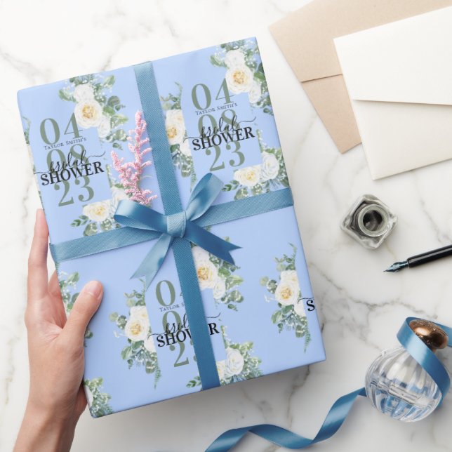 Gentle White Watercolor Roses Eucalyptus Blue Wrapping Paper (Gifting)