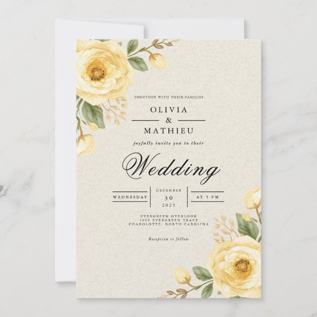 Gentle Yellow Bloom Floral Wedding Invitation (Front)
