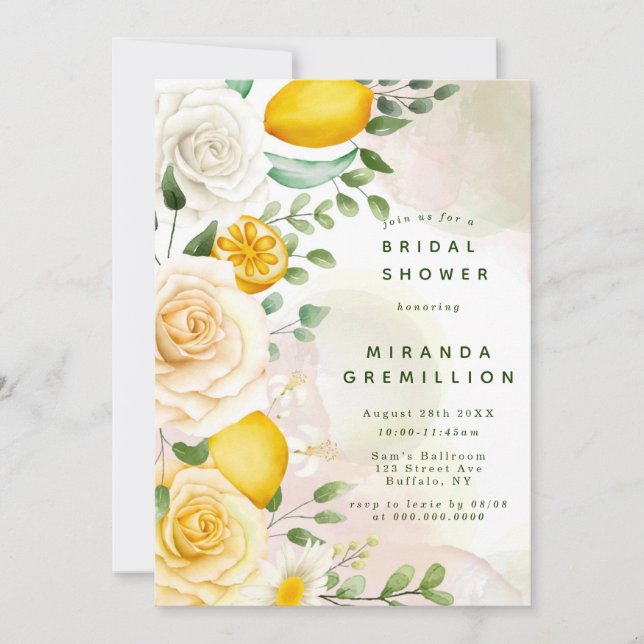 Gentle Yellow Roses and Lemons Bridal Shower Invitation (Front)