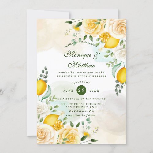 Gentle Yellow Roses and Lemons Wedding Invitation