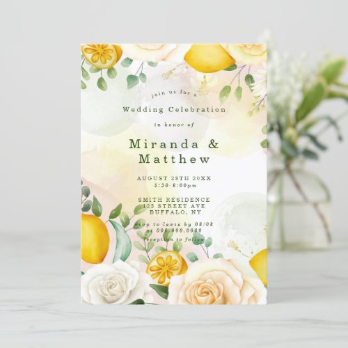Gentle Yellow Roses and Lemons Wedding Invitations
