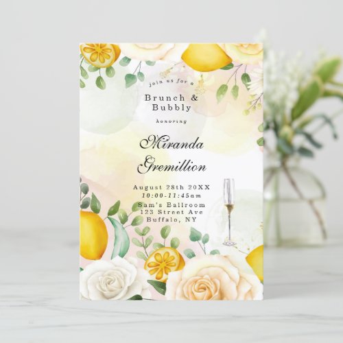 Gentle Yellow Roses Lemons Brunch and Bubbly  Invitation