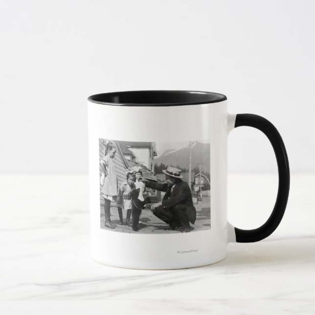 Gentleman and Kids Playing with Bear Cub On Leas Mug (Right)