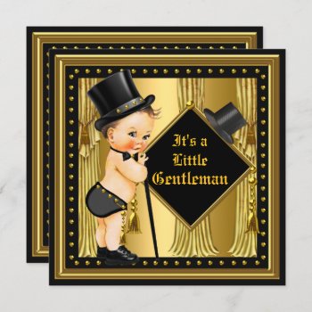 Gentleman Baby Shower Boy Gold Black Brunette Baby Invitation by VintageBabyShop at Zazzle
