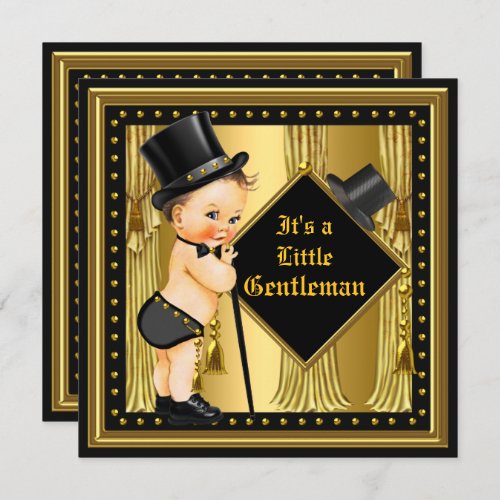 Gentleman Baby Shower Boy Gold Black Brunette Baby Invitation