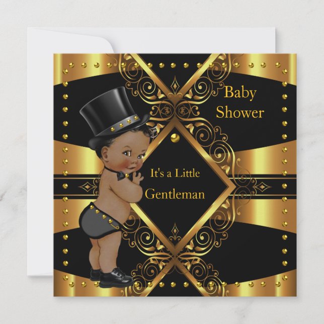 Gentleman Baby Shower Gold Boy Tophat Ethnic Invitation (Front)