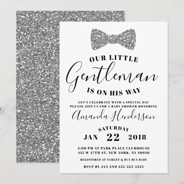 Gentleman Baby Shower Invitation, Faux Silver Invitation (Front/Back)