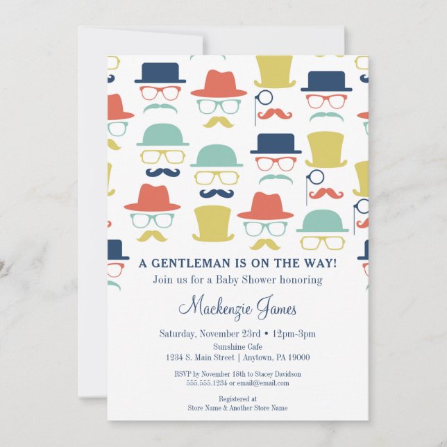 Gentleman Baby Shower Invitation Mustache Hats Hip (Front)