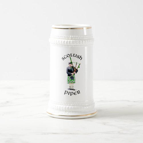 Gentleman Bagpiper in Green Kilt Beer Stein