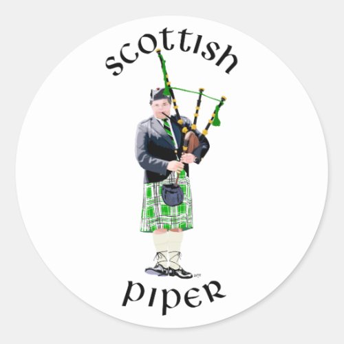 Gentleman Bagpiper in Green Kilt Classic Round Sticker