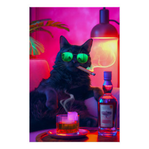 Gentleman Cat Drinking Whiskey   Funny Bar Poster