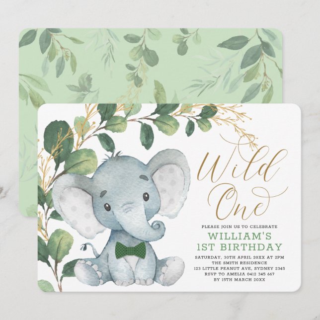 Gentleman Elephant Wild One Greenery 1st Birthday Invitation (Front/Back)
