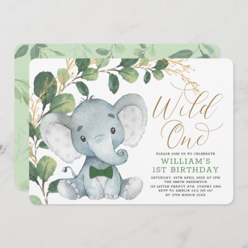 Gentleman Elephant Wild One Greenery 1st Birthday Invitation