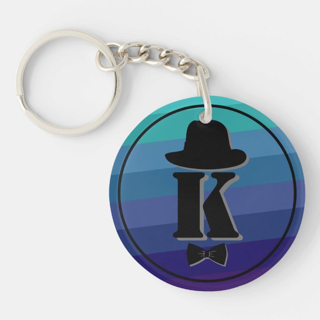 Gentleman hat bow blue ombre name initial monogram keychain (Front)