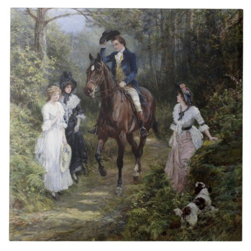 Gentleman on Horseback Meeting Ladies in a Forest Ceramic Tile
