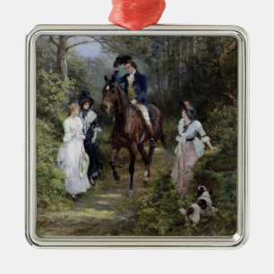 Gentleman on Horseback Meeting Ladies in a Forest Metal Ornament