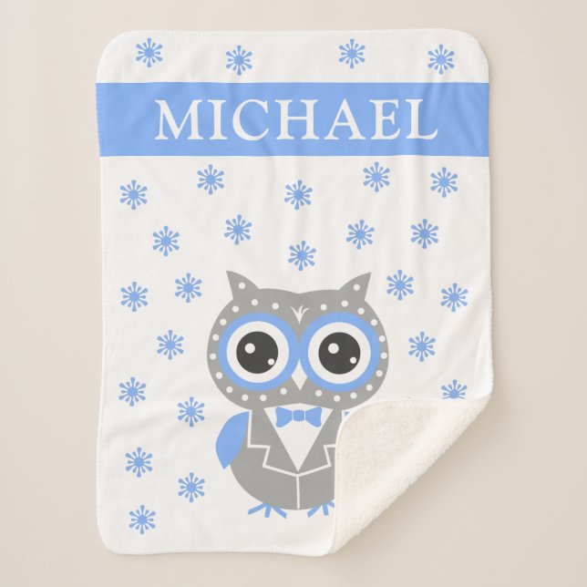 Gentleman Owl Blue Gray Baby Boy Sherpa Blanket (Front)