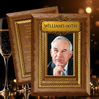 Gentlemen Elegant Rustic Gold Wood Photo Birthday Invitation